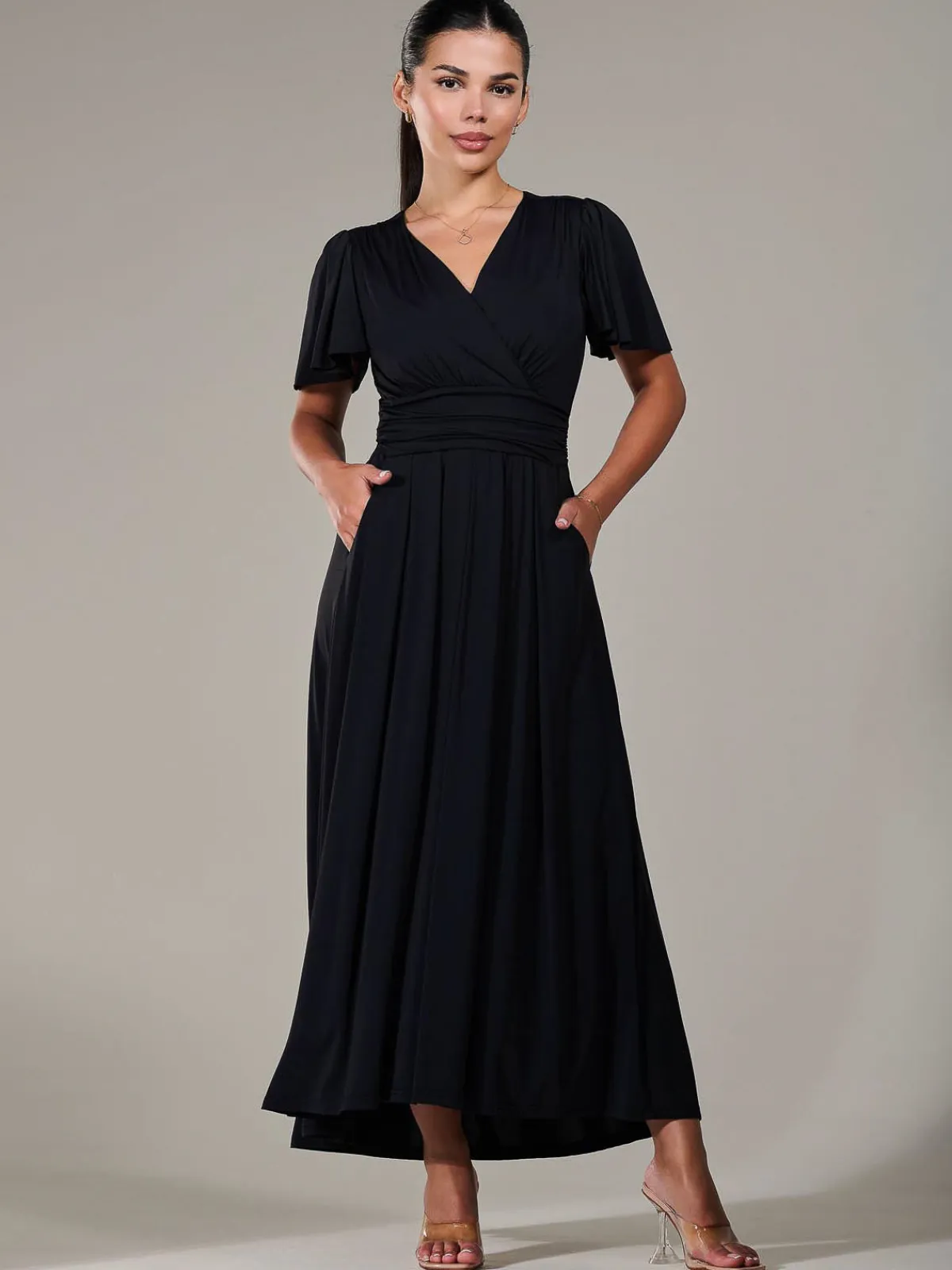 Jolie Moi Occasion Dresses|Maxi Dresses-Petite Short Sleeve Soft Silky Jersey Maxi Dress, Black