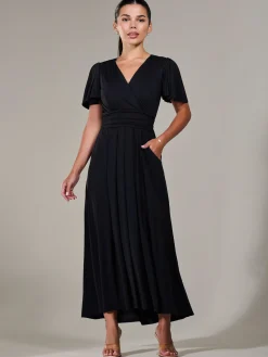 Jolie Moi Occasion Dresses|Maxi Dresses-Petite Short Sleeve Soft Silky Jersey Maxi Dress, Black
