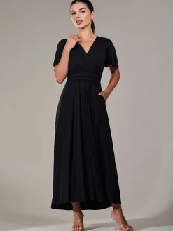 Jolie Moi Occasion Dresses|Maxi Dresses-Petite Short Sleeve Soft Silky Jersey Maxi Dress, Black