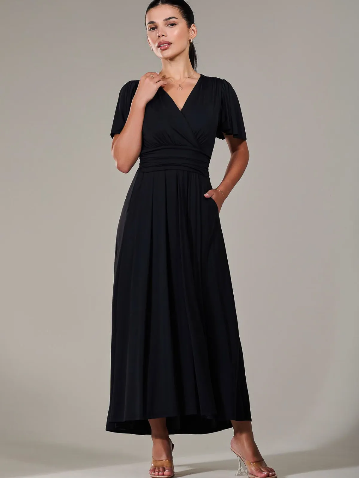 Jolie Moi Occasion Dresses|Maxi Dresses-Petite Short Sleeve Soft Silky Jersey Maxi Dress, Black