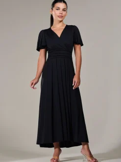 Jolie Moi Occasion Dresses|Maxi Dresses-Petite Short Sleeve Soft Silky Jersey Maxi Dress, Black