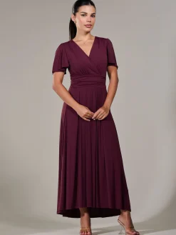 Jolie Moi Occasion Dresses|Maxi Dresses-Petite Short Sleeve Soft Silky Jersey Maxi Dress, Burgundy
