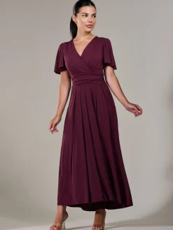Jolie Moi Occasion Dresses|Maxi Dresses-Petite Short Sleeve Soft Silky Jersey Maxi Dress, Burgundy