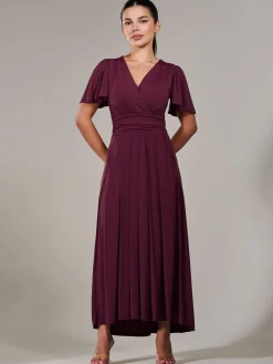 Jolie Moi Occasion Dresses|Maxi Dresses-Petite Short Sleeve Soft Silky Jersey Maxi Dress, Burgundy