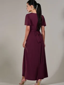 Jolie Moi Occasion Dresses|Maxi Dresses-Petite Short Sleeve Soft Silky Jersey Maxi Dress, Burgundy
