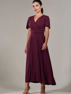 Jolie Moi Occasion Dresses|Maxi Dresses-Petite Short Sleeve Soft Silky Jersey Maxi Dress, Burgundy