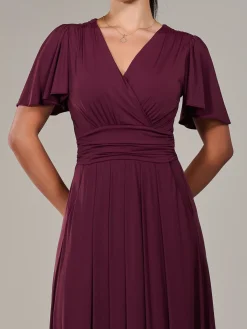 Jolie Moi Occasion Dresses|Maxi Dresses-Petite Short Sleeve Soft Silky Jersey Maxi Dress, Burgundy