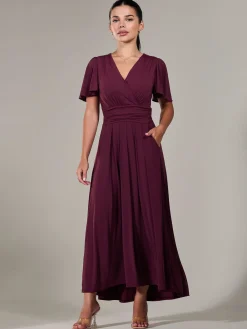 Jolie Moi Occasion Dresses|Maxi Dresses-Petite Short Sleeve Soft Silky Jersey Maxi Dress, Burgundy