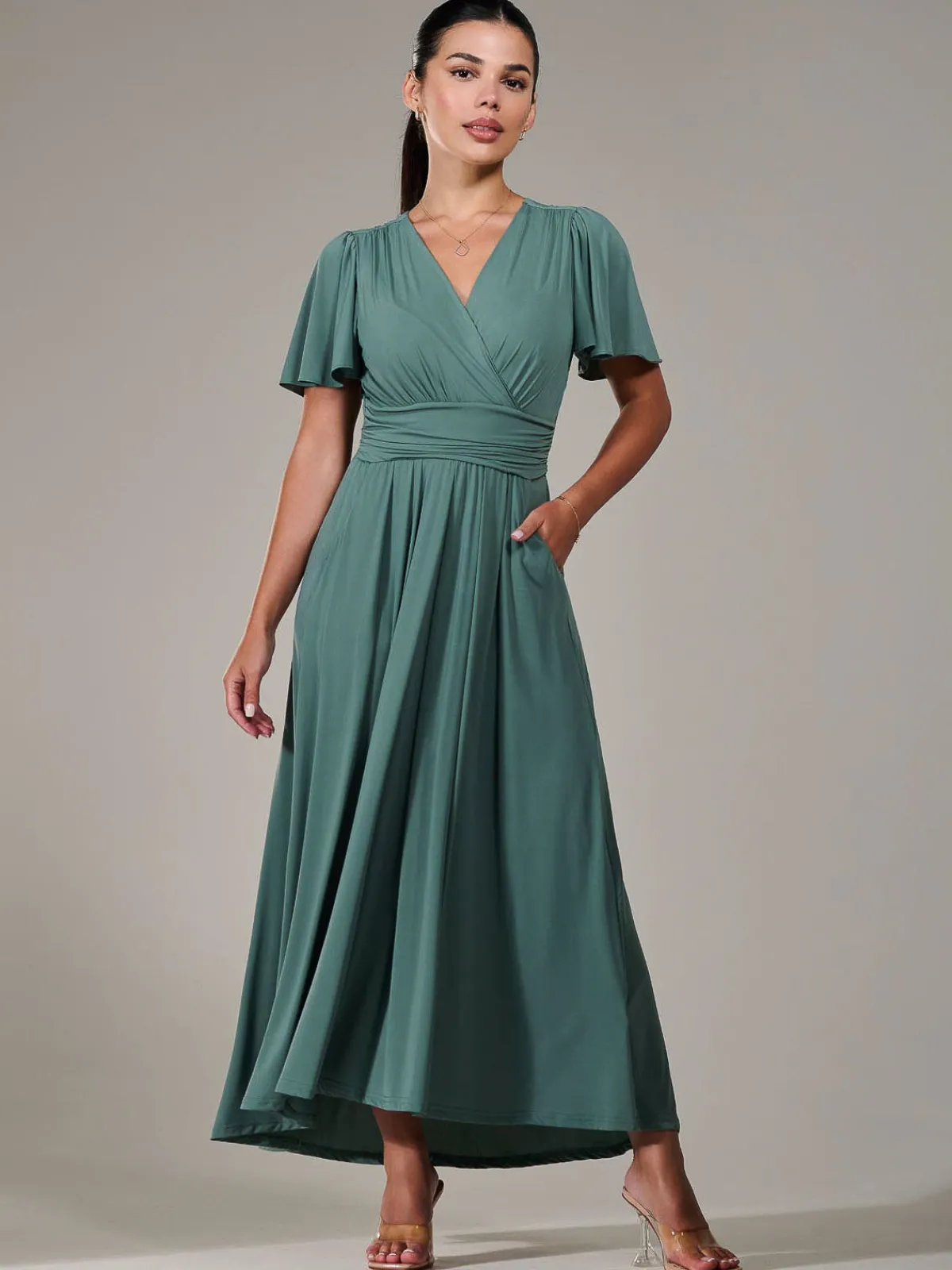 Jolie Moi Occasion Dresses|Maxi Dresses-Petite Short Sleeve Soft Silky Jersey Maxi Dress, Green