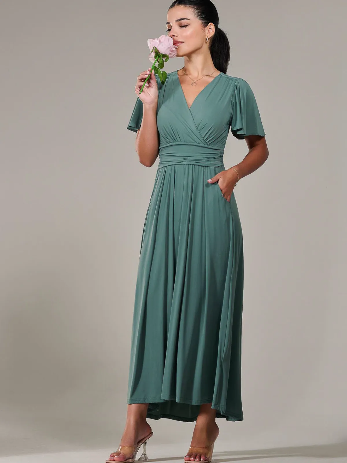 Jolie Moi Occasion Dresses|Maxi Dresses-Petite Short Sleeve Soft Silky Jersey Maxi Dress, Green