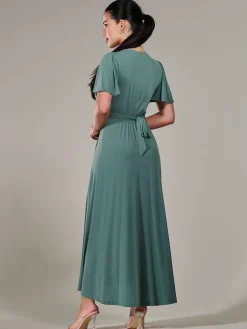 Jolie Moi Occasion Dresses|Maxi Dresses-Petite Short Sleeve Soft Silky Jersey Maxi Dress, Green