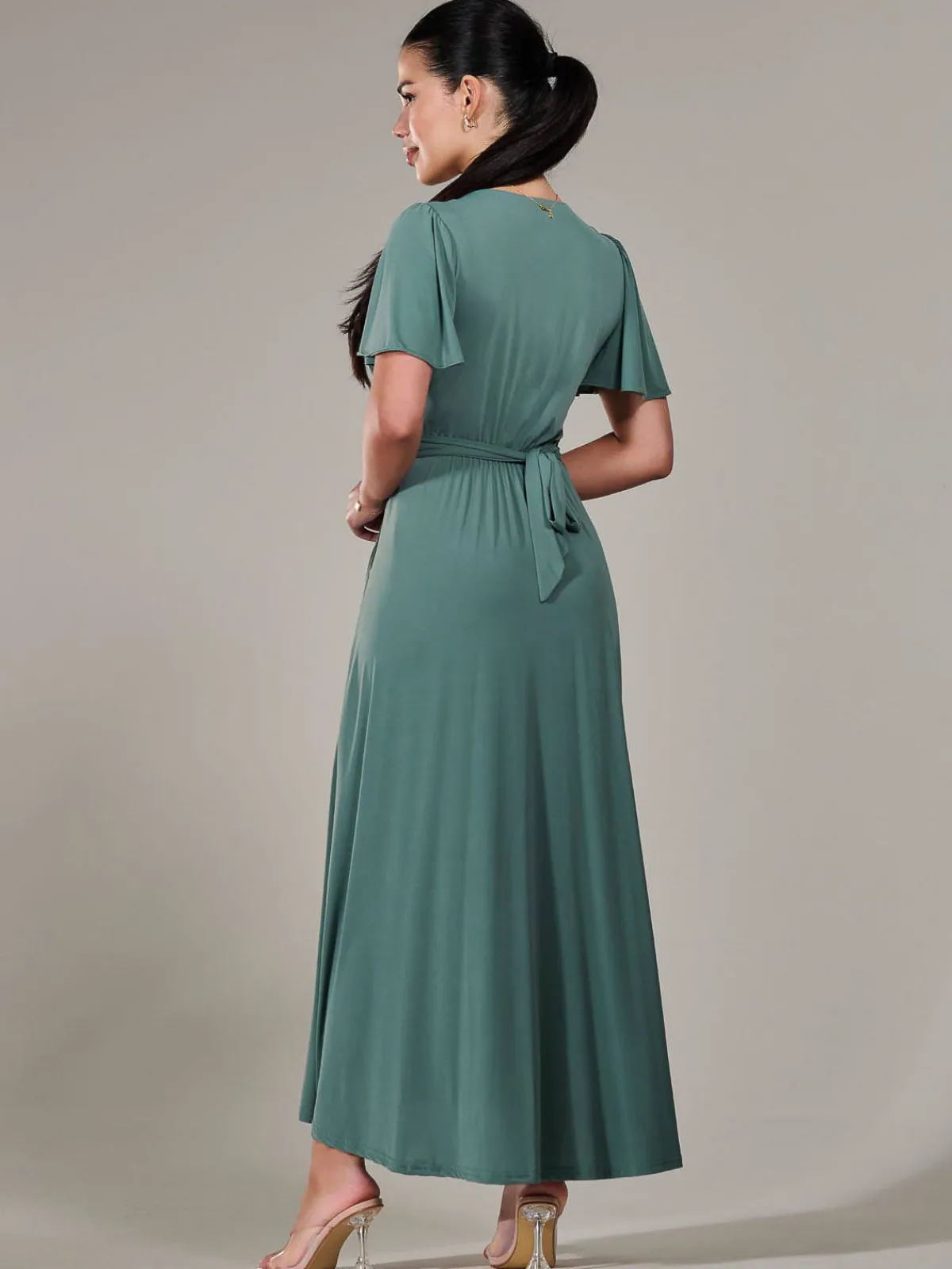 Jolie Moi Occasion Dresses|Maxi Dresses-Petite Short Sleeve Soft Silky Jersey Maxi Dress, Green