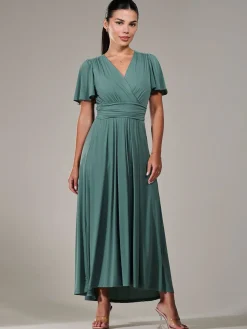 Jolie Moi Occasion Dresses|Maxi Dresses-Petite Short Sleeve Soft Silky Jersey Maxi Dress, Green