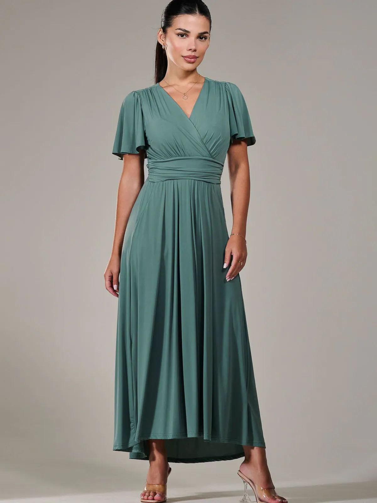Jolie Moi Occasion Dresses|Maxi Dresses-Petite Short Sleeve Soft Silky Jersey Maxi Dress, Green