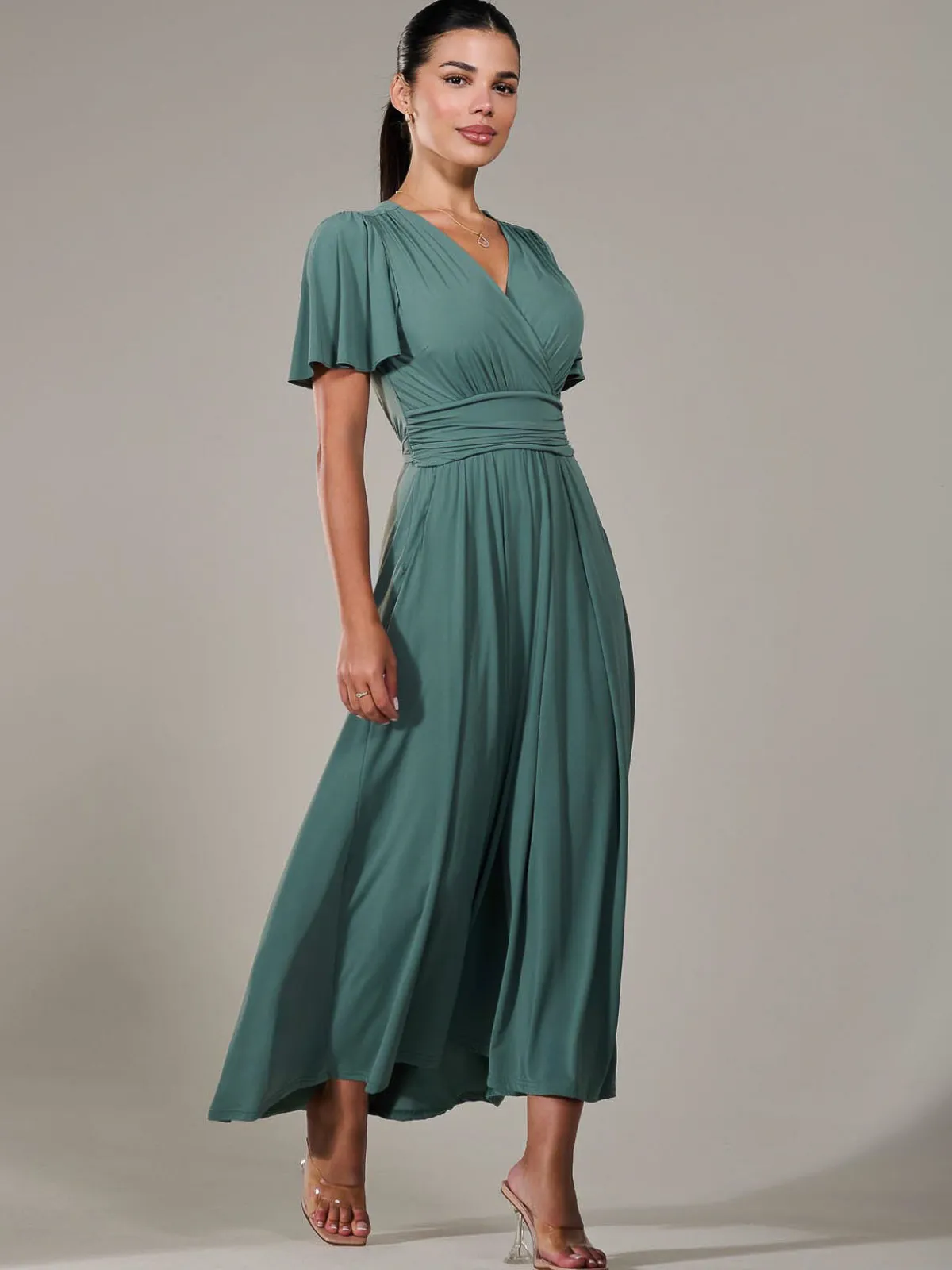 Jolie Moi Occasion Dresses|Maxi Dresses-Petite Short Sleeve Soft Silky Jersey Maxi Dress, Green