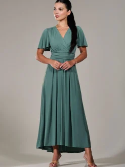 Jolie Moi Occasion Dresses|Maxi Dresses-Petite Short Sleeve Soft Silky Jersey Maxi Dress, Green