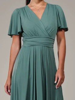 Jolie Moi Occasion Dresses|Maxi Dresses-Petite Short Sleeve Soft Silky Jersey Maxi Dress, Green