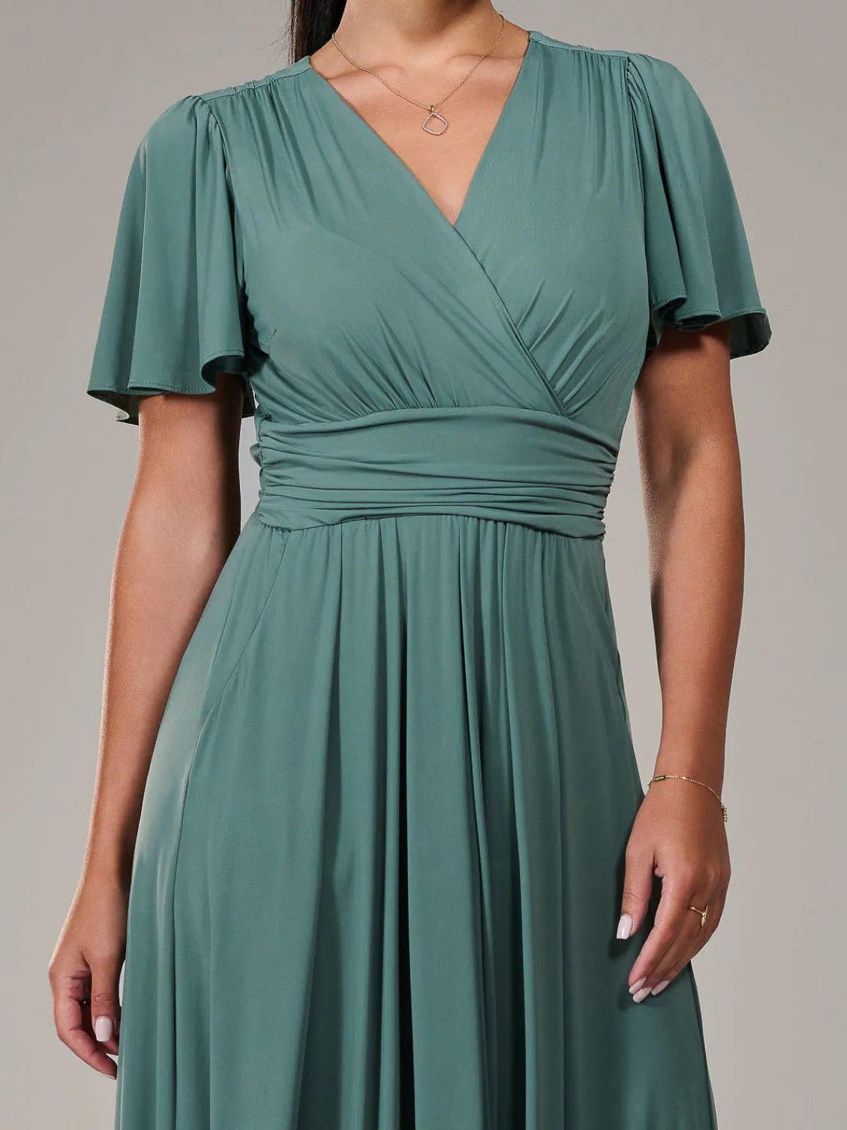Jolie Moi Occasion Dresses|Maxi Dresses-Petite Short Sleeve Soft Silky Jersey Maxi Dress, Green
