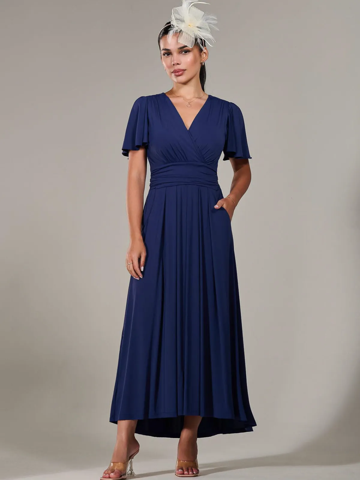 Jolie Moi Occasion Dresses|Maxi Dresses-Petite Short Sleeve Soft Silky Jersey Maxi Dress, Navy