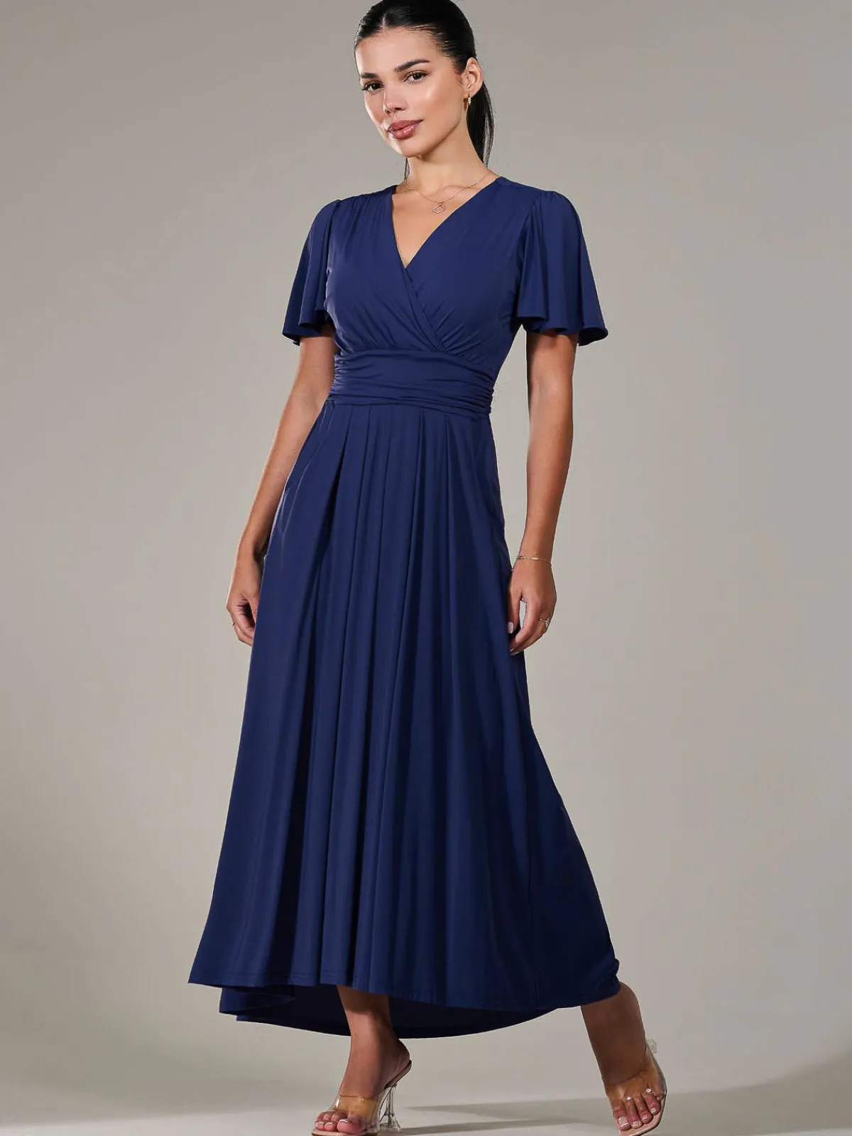 Jolie Moi Occasion Dresses|Maxi Dresses-Petite Short Sleeve Soft Silky Jersey Maxi Dress, Navy