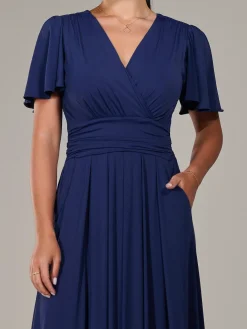 Jolie Moi Occasion Dresses|Maxi Dresses-Petite Short Sleeve Soft Silky Jersey Maxi Dress, Navy