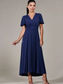 Jolie Moi Occasion Dresses|Maxi Dresses-Petite Short Sleeve Soft Silky Jersey Maxi Dress, Navy