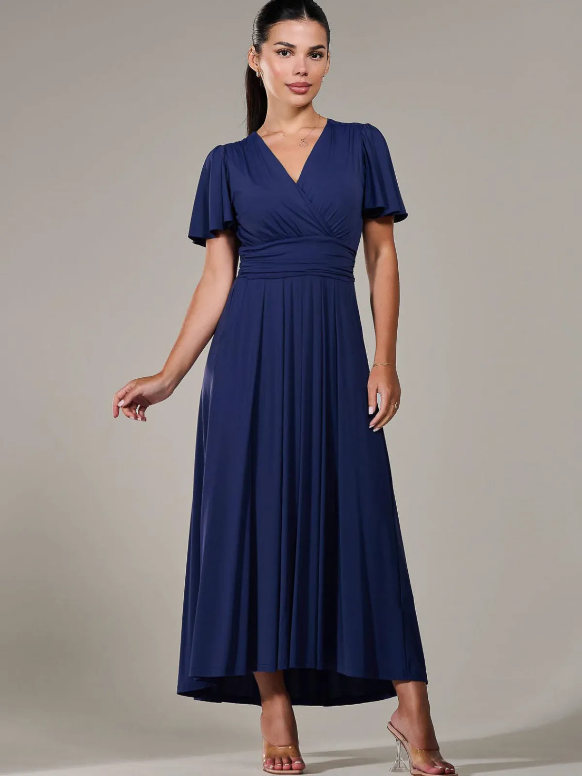 Jolie Moi Occasion Dresses|Maxi Dresses-Petite Short Sleeve Soft Silky Jersey Maxi Dress, Navy