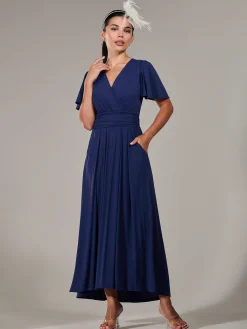 Jolie Moi Occasion Dresses|Maxi Dresses-Petite Short Sleeve Soft Silky Jersey Maxi Dress, Navy