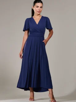 Jolie Moi Occasion Dresses|Maxi Dresses-Petite Short Sleeve Soft Silky Jersey Maxi Dress, Navy