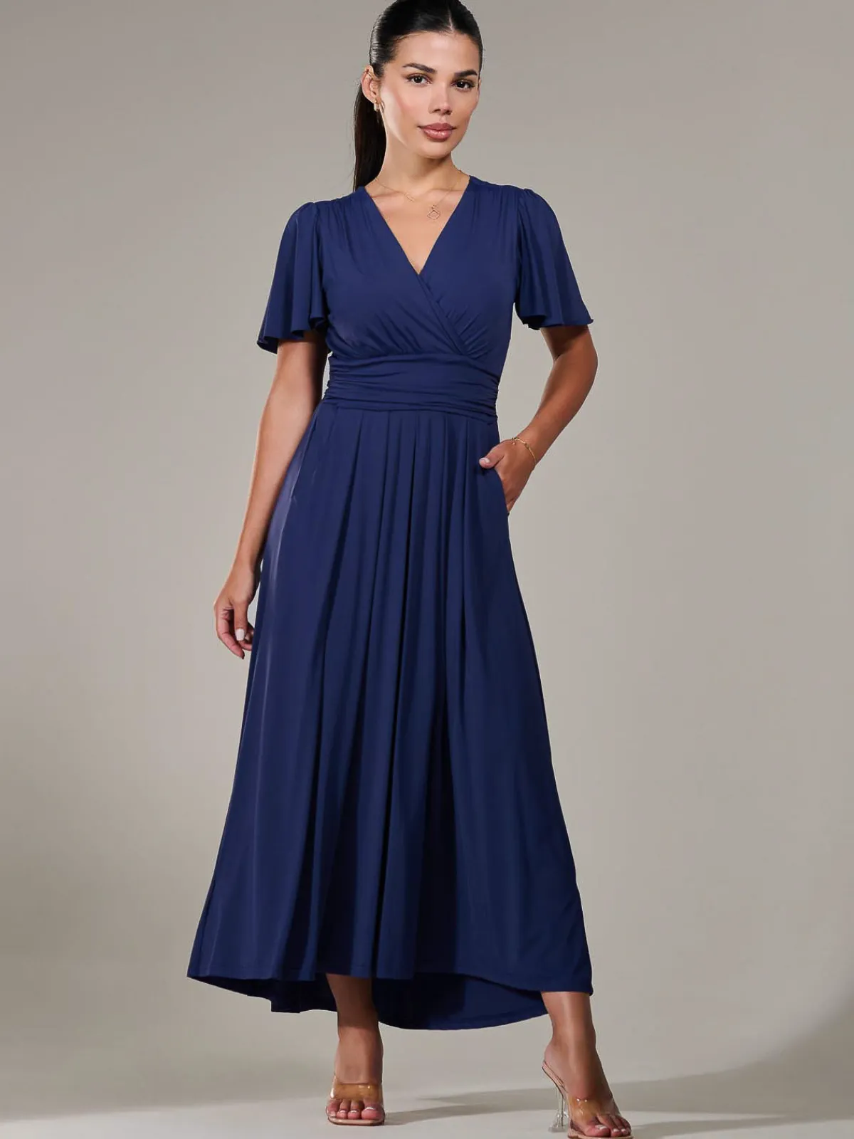 Jolie Moi Occasion Dresses|Maxi Dresses-Petite Short Sleeve Soft Silky Jersey Maxi Dress, Navy