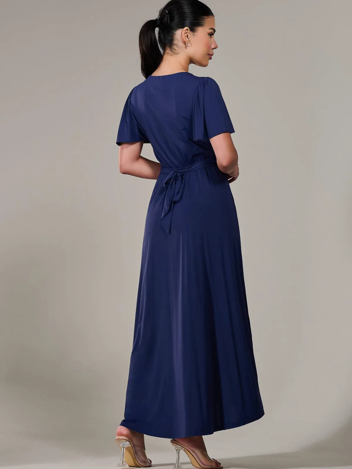 Jolie Moi Occasion Dresses|Maxi Dresses-Petite Short Sleeve Soft Silky Jersey Maxi Dress, Navy