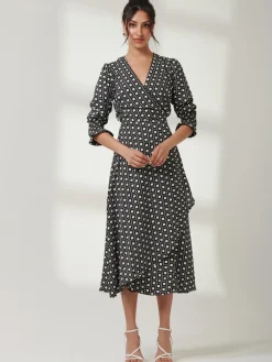 Jolie Moi Occasion Dresses|Office Dresses-Peyton Wrap Puff Sleeve Midi Dress, Black Geo