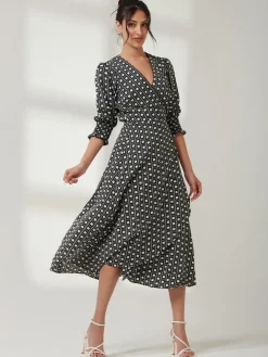 Jolie Moi Occasion Dresses|Office Dresses-Peyton Wrap Puff Sleeve Midi Dress, Black Geo