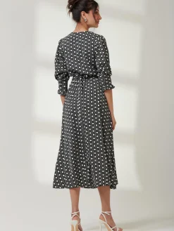 Jolie Moi Occasion Dresses|Office Dresses-Peyton Wrap Puff Sleeve Midi Dress, Black Geo
