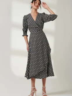 Jolie Moi Occasion Dresses|Office Dresses-Peyton Wrap Puff Sleeve Midi Dress, Black Geo