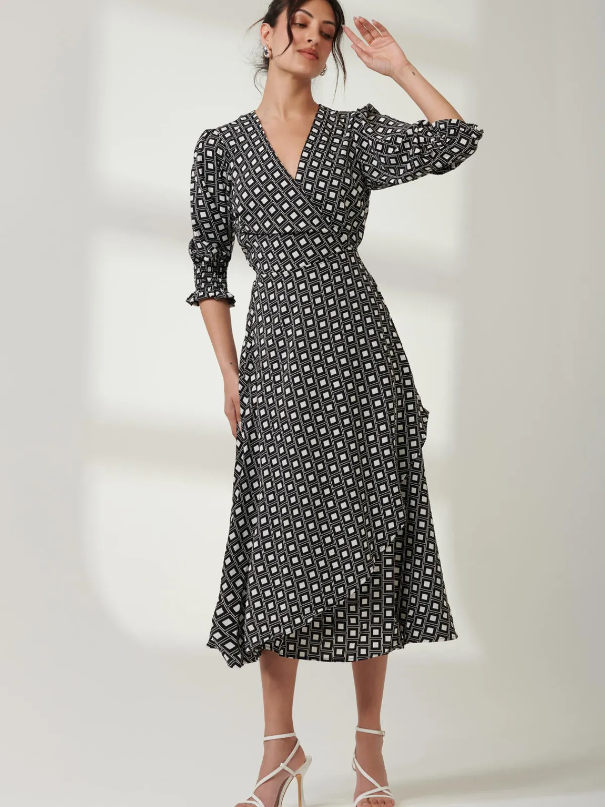 Jolie Moi Occasion Dresses|Office Dresses-Peyton Wrap Puff Sleeve Midi Dress, Black Geo