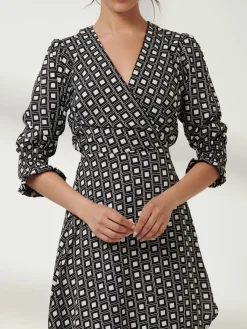 Jolie Moi Occasion Dresses|Office Dresses-Peyton Wrap Puff Sleeve Midi Dress, Black Geo