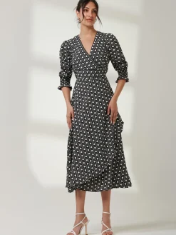 Jolie Moi Occasion Dresses|Office Dresses-Peyton Wrap Puff Sleeve Midi Dress, Black Geo