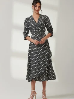 Jolie Moi Occasion Dresses|Office Dresses-Peyton Wrap Puff Sleeve Midi Dress, Black Geo