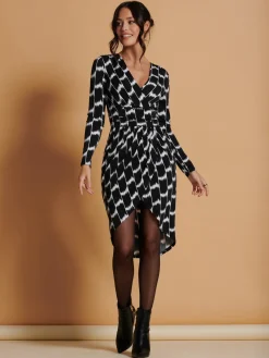 Jolie Moi Occasion Dresses|Weekend Casuals-Phebe Print Ruched Jersey Dress, Black Geo
