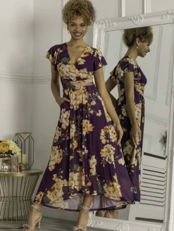 Jolie Moi Occasion Dresses|Mesh Dresses-Piper Dip Hem Mesh Maxi Dress, Dark Purple