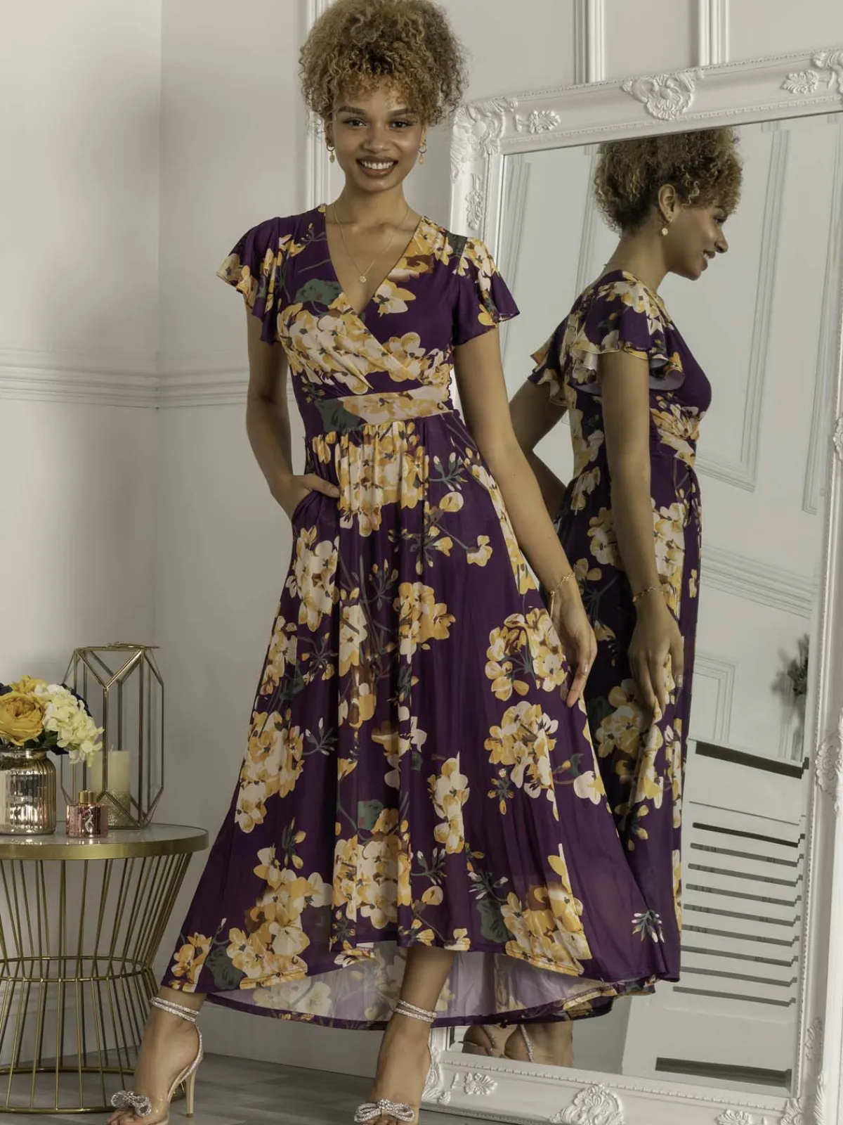 Jolie Moi Occasion Dresses|Mesh Dresses-Piper Dip Hem Mesh Maxi Dress, Dark Purple