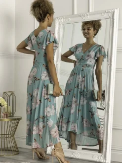 Jolie Moi Occasion Dresses|Maxi Dresses-Piper Dip Hem Mesh Maxi Dress, Green Floral