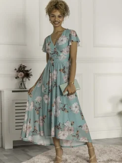 Jolie Moi Occasion Dresses|Maxi Dresses-Piper Dip Hem Mesh Maxi Dress, Green Floral