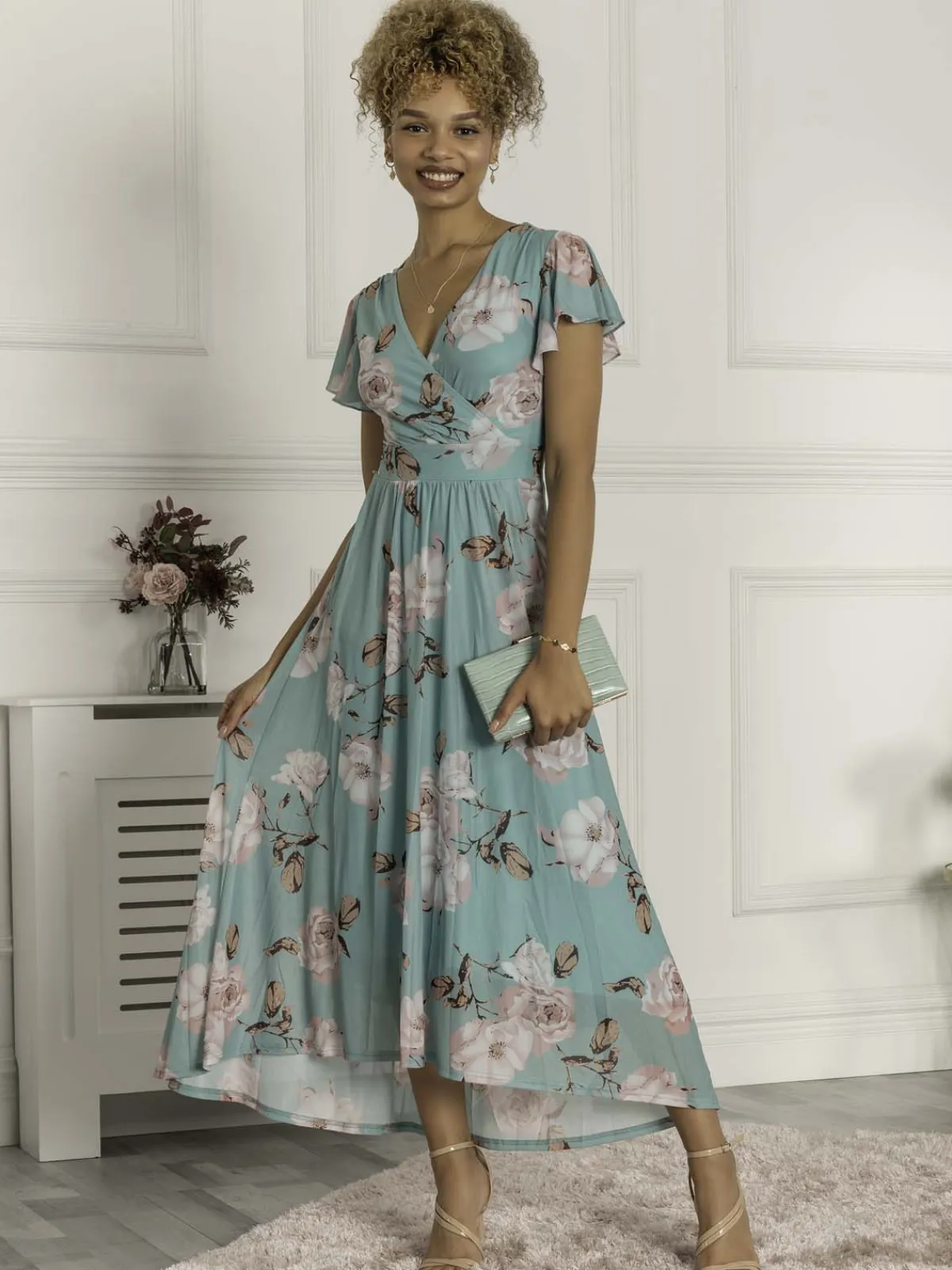 Jolie Moi Occasion Dresses|Maxi Dresses-Piper Dip Hem Mesh Maxi Dress, Green Floral
