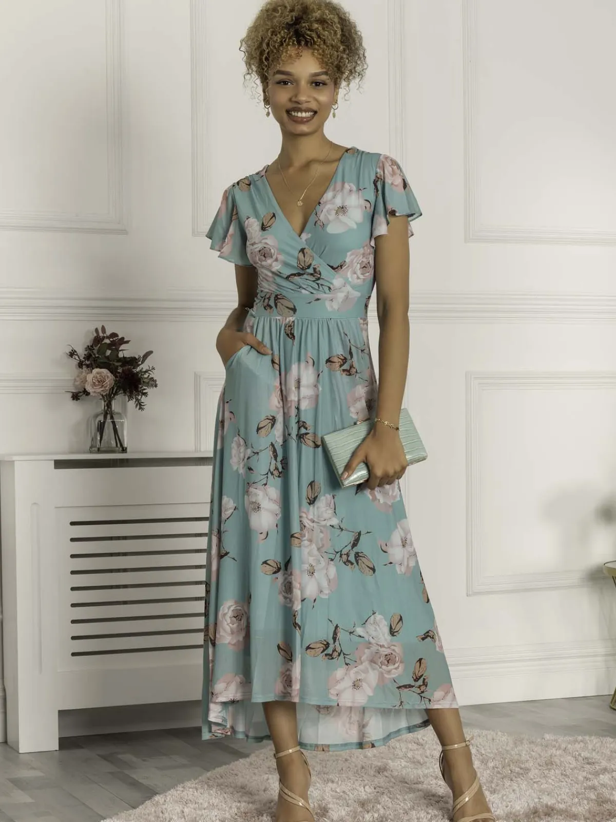 Jolie Moi Occasion Dresses|Maxi Dresses-Piper Dip Hem Mesh Maxi Dress, Green Floral