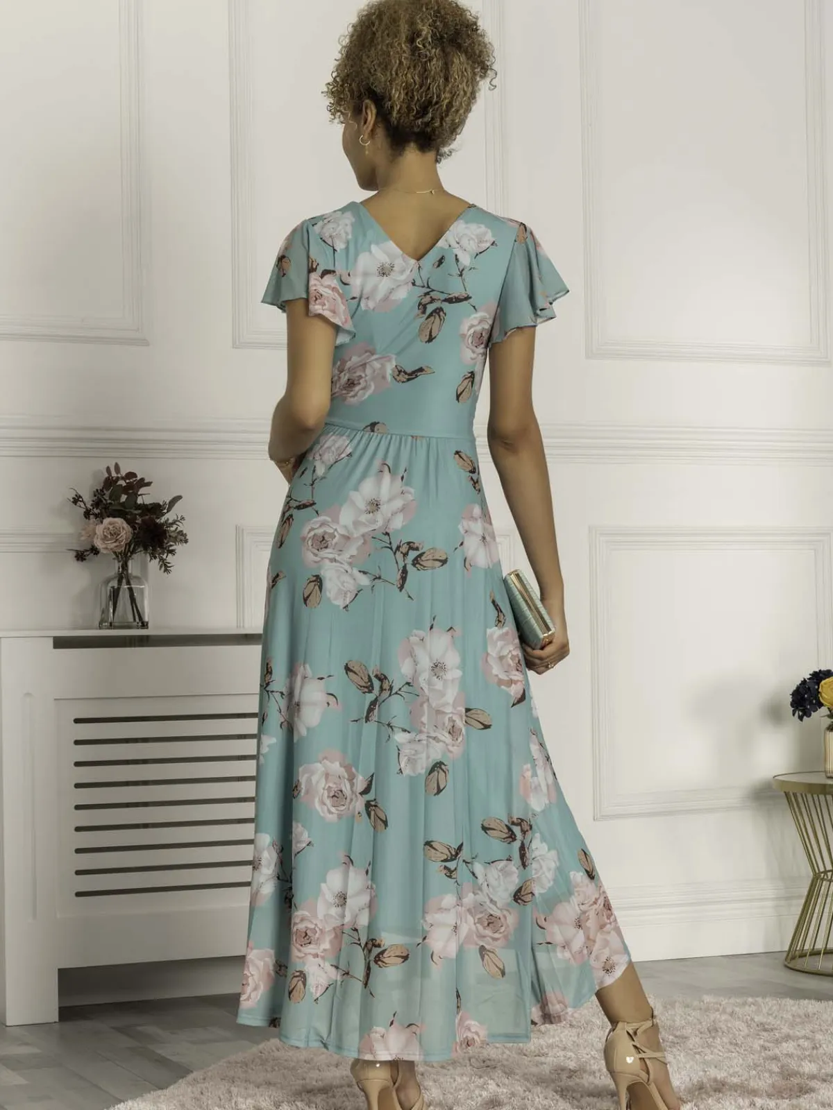 Jolie Moi Occasion Dresses|Maxi Dresses-Piper Dip Hem Mesh Maxi Dress, Green Floral