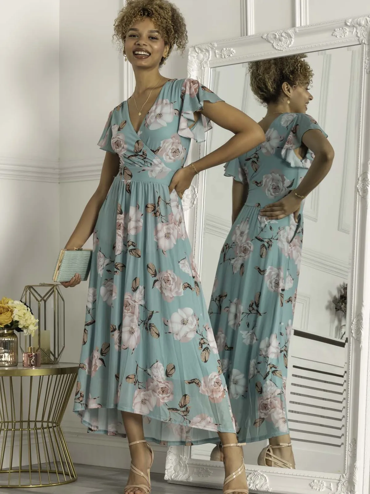 Jolie Moi Occasion Dresses|Maxi Dresses-Piper Dip Hem Mesh Maxi Dress, Green Floral