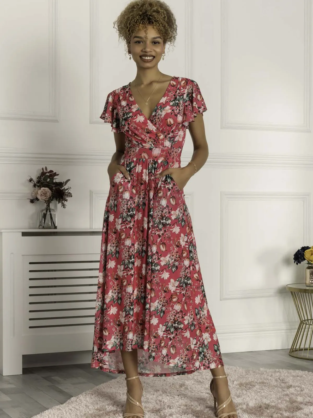 Jolie Moi Occasion Dresses|Mesh Dresses-Piper Dip Hem Mesh Maxi Dress, Hot Pink