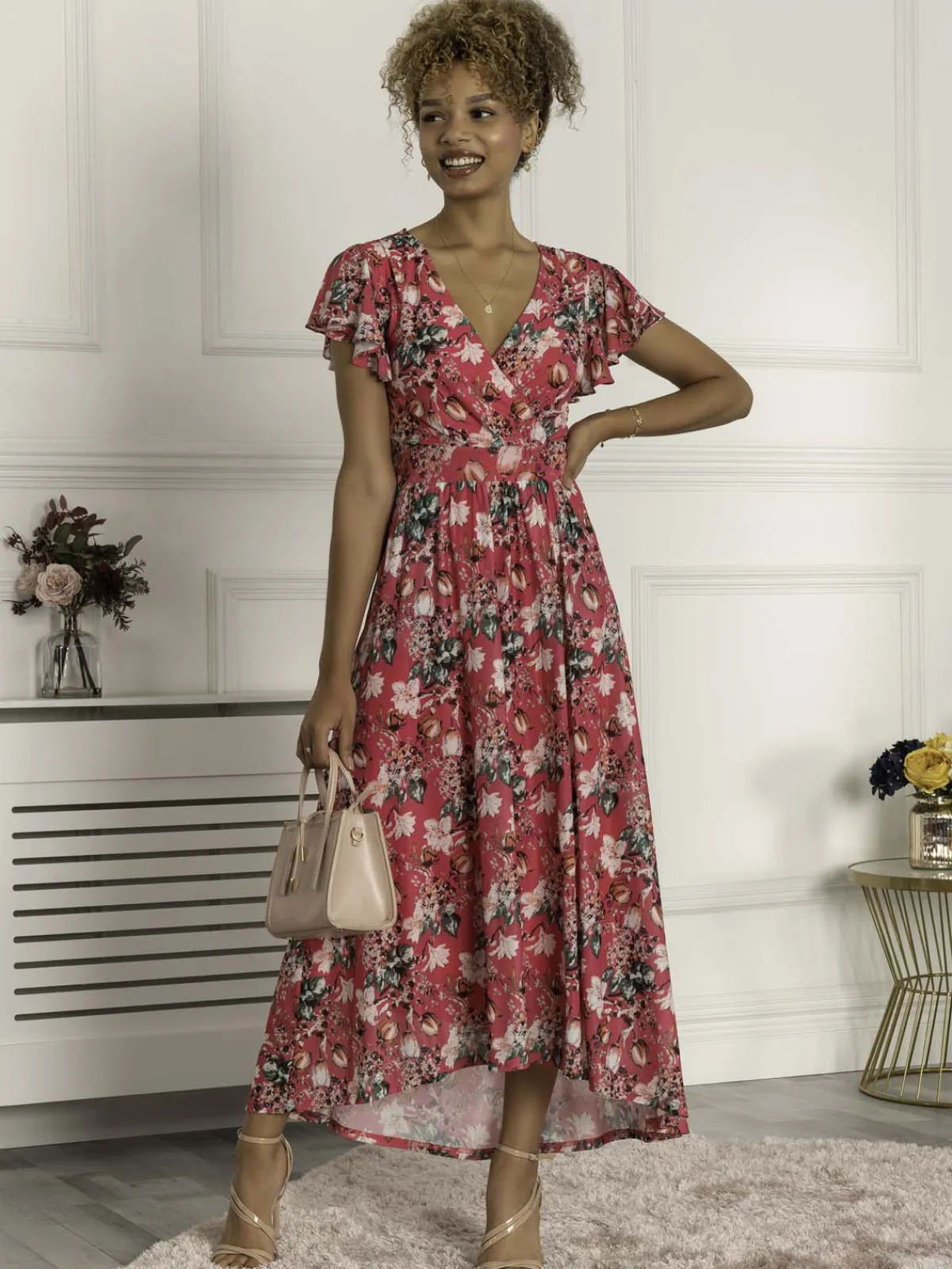Jolie Moi Occasion Dresses|Mesh Dresses-Piper Dip Hem Mesh Maxi Dress, Hot Pink
